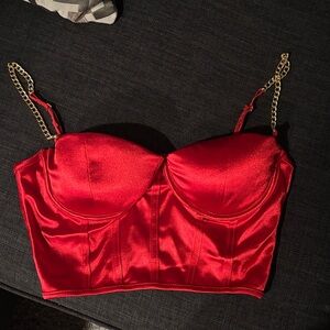 Elegant Red Satin Bustier with Gold Chain Straps